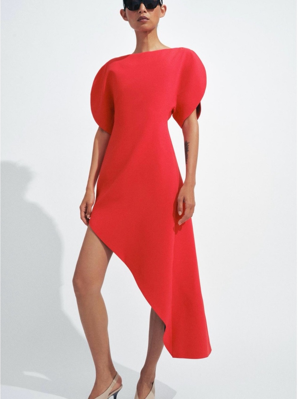 Zara ZW Collection Red Asymmetrical Midi Dress with Statement Sleeves, XS NWT
